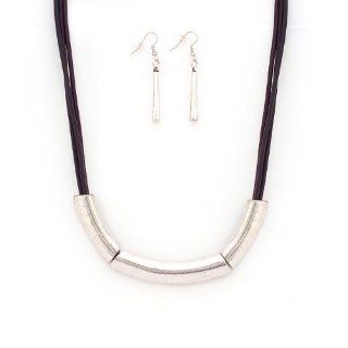 Celebrity Style 21"L Faux Leather Multi Cord Tube Statement Silver Necklace And Earring Set: Jewelry