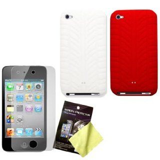 Two Tire Tread Silicone Cases / Skins / Covers (White, Red) & LCD Screen Guard / Protector for Apple iPod Touch 4 / 4G / 4th Gen: Cell Phones & Accessories