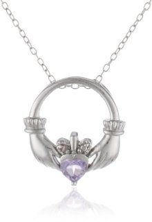 Sterling Silver Diamond Accent and Amethyst Claddagh Pendant Necklace, 18" Jewelry