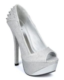 Qupid Count 08 Studded Spike Platform Stiletto Pump   Silver Glitter (Size: 7.0): Pumps Shoes: Shoes