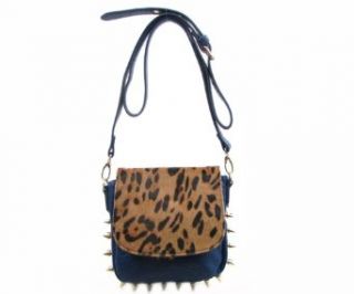Luxcessories Spiked Leopard Skin Print Partial Leather Fashion Cross Body Bag   Blue: Cross Body Handbags: Clothing