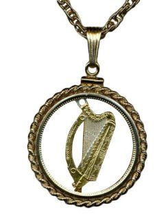 Stunning World 2 toned Nautical Gold and Sterling Silver Cut Coin Necklace Pendant Women's Men's Jewelry   Irish  Penny "Bronze" (U.s. Quarter   Size) Minted 1928  1967 "Mounted in a Gold Filled Rope Type Bezel" on 18" Cha