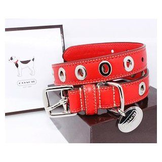 COACH Silver Grommets Leather Collar with Engraveable Charm 60112 Limited Edition   Silver/Geranium Red, Large (17" 21") : Pet Fashion Collars : Pet Supplies
