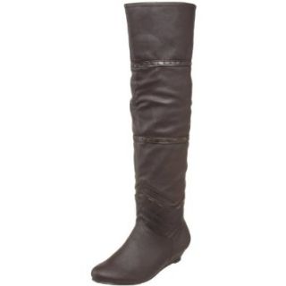 Bumper Edma Brown Thigh High Wedge Fold Over Boots (5.5): Furry Boots: Shoes