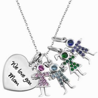 Sterling Silver Heart Pendant with Four Birthstone Children by