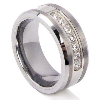 King Will 8mm White Tungsten Ring Wedding Band 7 CZ Stones Cubic Zirconia Any Size Jewelry