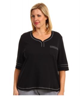 Karen Neuburger Plus Size IVP Elbow Sleeve Henley Top Womens Pajama (Black)