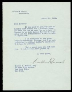 Typed letter signed by FDR one week before the outbreak of World War II in Europe, informing his friend that he must cancel plans for a getaway because of the "international situation": Entertainment Collectibles