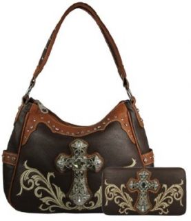 Montana West Purse Set  Western Style Hobo Handbag Faux Leather with Rhinestone Cross and Embroidered Design Includes Matching Flat Wallet with Checkbook Cover  Available in 4 Colors (Coffee) Shoulder Handbags Clothing