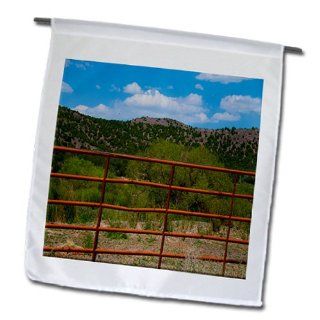 fl_53418_1 Jos Fauxtographee Realistic   A Red Rod Iron Fence With Green Trees and Shrubs and a Mountain with Blue Sky Behind   Flags   12 x 18 inch Garden Flag : Outdoor Flags : Patio, Lawn & Garden