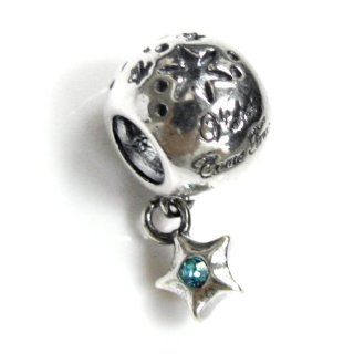 .925 Sterling Silver Dreams Wishes Came True Star Dangle Aquamarine Cz Crystal Bead For Pandora, Troll Chamilia Biagi European Story Charm Bracelet: Jewelry