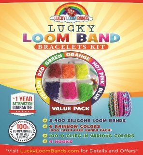 Loom Rubber Bands Kit: 2,400pcs Silicone Loom Band Refill   1 Year Satisfaction Guarantee! 6 Rainbow Colors Of 400 Each, 4 Bonus Replacement Hooks, 100 Clips   Makes Extra Fun, Crazy, Bright, Durable Bracelets From The Best Latex Free Silicon Lucky Loom Ba