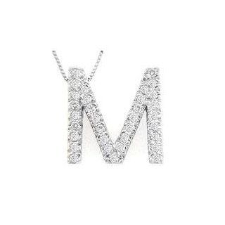 Alphabet M Diamond Initial Pendant in 14k White Gold: Pendant Necklaces: Jewelry