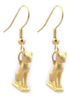 GODDESS JEWELRY SALE! Gold Plated 3 D Egyptian Cat Earrings, 1" Drop, Made In America, Authentic Reproduction Museum Jewelry Comes Boxed With History Card, Matching Bracelet and Cat Necklace Available at Our Museum Store on : Jewelry