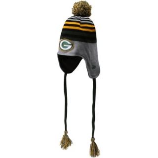 New Era Green Bay Packers Stripe Top Knit Hat with Tassels and Pom   Ash/Green/Gold