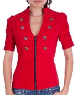 Ladies Red Military Short Sleeve Zipper Crop Jacket