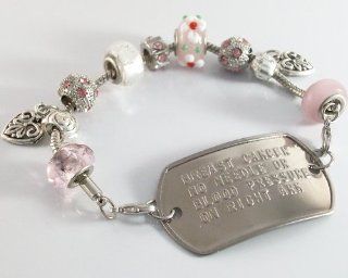 Breast Cancer Medical ID Alert Military Dog Tag Bracelet like Necklace for Right Arm Jewelry