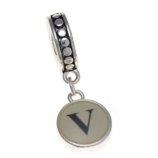 Round Silvertone Initial Letter Typewriter Style Bead, Letter V: Bead Charms: Jewelry