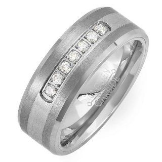 Tungsten Carbide Men's Ladies Unisex Ring Wedding Band 8 MM 0.25 CT 7 Stone Cubic Zirconia CZ Two Tone Brush Matt Finish Beveled Edge Comfort Fit (Available in Sizes 8 to 12) size 10: Jewelry