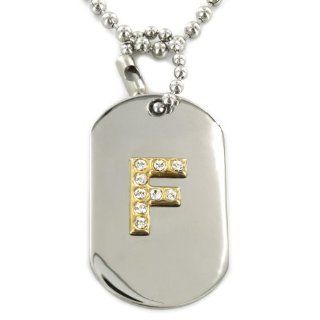 Two tone Clear Crystal Initial Dog Tag Necklace   Letter 'F' Pendant Necklaces Jewelry