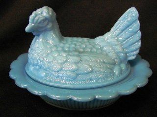 6" Bonnie Blue Delphite Milk Glass Hen on Nest with Wide Rim   Home Decor Accents