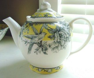 222 Fifth Yellow Adelaide Teapot / Coffee Pot Bird & Floral Toile: Salad Plates: Kitchen & Dining
