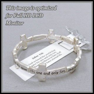 Inspirational Silver Stretch Bracelet. Bible Verse, Silver Sideways Cross John 3:16 Bracelet. "For God so Loved the World That He Gave His One and Only Son, That Whoever Believes in Him Shall Not Perish but Have Eternal Life". Includes Bookmark. 
