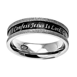 Christian Womens Stainless Steel Abstinence Black Ebony Champagne Confess & Believe Chastity Ring for Girls   "I Confess Jesus As Lord; God Has Raised Him From The Dead" Romans 10:9   Girls Purity Ring: Jewelry
