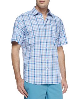 Mens Check Woven Short Sleeve Shirt, Blue   Blue (XL)
