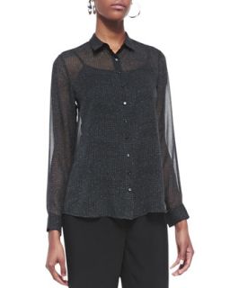 Womens Thumbprint Long Sleeve Silk Shirt, Petite   Eileen Fisher   Graphite
