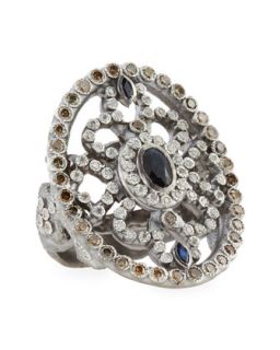 Large Oval Silver Shield Ring with Sapphire & Diamonds   Armenta   Silver