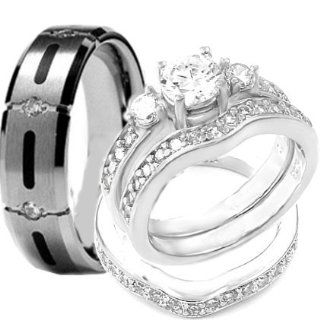 4 Pcs His & Hers, Stainless Steel & Titanium Matching Engagement Wedding Rings Set. AVAILABLE SIZES: Men's 7,8,9,10,11,12,13; Women's Set: 5,6,7,8,9,10. Email Us Sizes That You Need: Jewelry