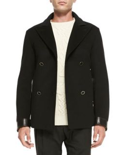 Mens Wool/Cashmere Peacoat with Leather Detail, Black   Alexander McQueen  