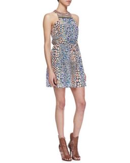 Womens Printed Embellished Neck Dress   Cusp by Neiman Marcus   Blue ptrn