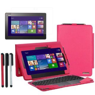 BIRUGEAR Leather Keyboard Portfolio Stand Case w/ Stylus, Screen Protector for ASUS Transformer Book T100 ( T100TA C1 GR )   10.1'' Convertible Laptop Tablet ( Hot Pink Case): Computers & Accessories