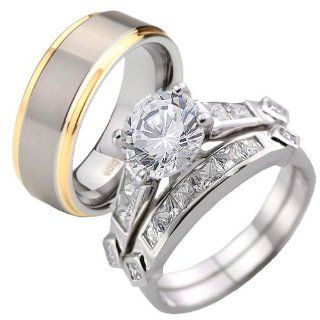 His Hers Silver 925 4.8CT Round CZ & Tungsten Brush Middle Gold IP Step Edges Bridal Ring Set Sz 5, 10: Jewelry