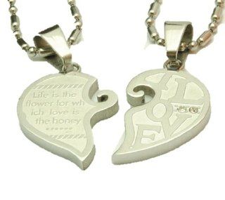 Stainless Steel Couples Love Heart 2 Necklace Pendant Set (His and Hers) Reads "Life Is the Flower for Which Love Is the Honey" Fashion Jewelry Collection: Jewelry