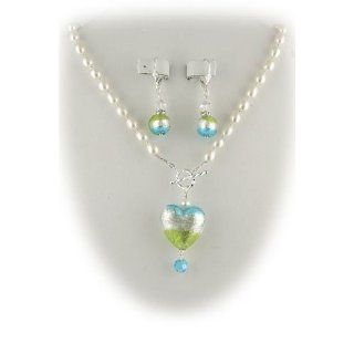 Aqua Lime Green Murano Glass Heart Pendant Freshwater Pearl Lariat Sterling Silver Toggle Necklace Earrings Set Jewelry
