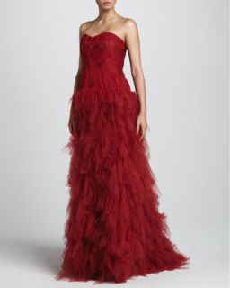 Womens Strapless Tulle Gown with Woven Bodice, Claret   J. Mendel   Claret (10)