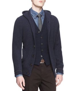 Mens English Ribbed Cashmere Hooded Cardigan   Brunello Cucinelli   Ink (L/52)