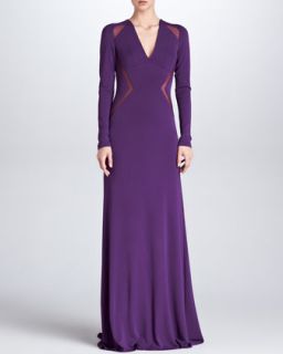 Womens Sheer Inset Long Sleeve Gown, Royal Purple   Elie Saab   Royal purple