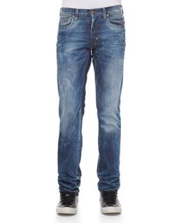 Mens Slim Fit Jeans with Splattered Look, Blue   PRPS   Blue (30)