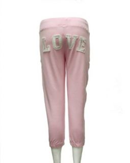 Ladies Pink Love Printed Back Drawstring Sweat Pants: Clothing