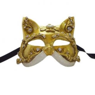 Women's White Diamond Cat Venetian Masquerade Mask Gold: Costume Masks: Clothing