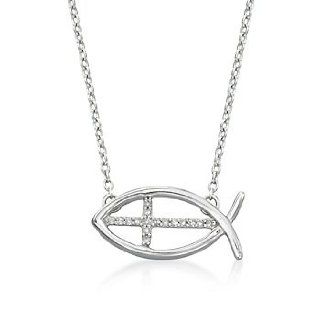 Silver Ichthus, Diamond Accent Cross Pendant Necklace. 16": Jewelry