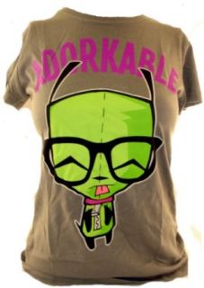 Invader Zim Girls T Shirt   Gir Looking Cute "Adorkable" on Gray (X Small): Clothing