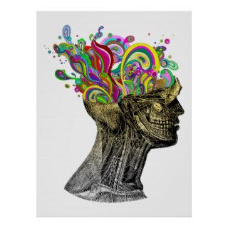 Bright neon pink yellow abstract anatomical skull poster