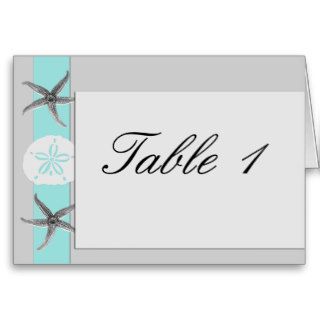 Aqua and Grey Band Starfish Table Number tent Cards