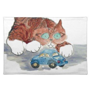 Tiger Kitten and the Blue Toy Car Place Mats