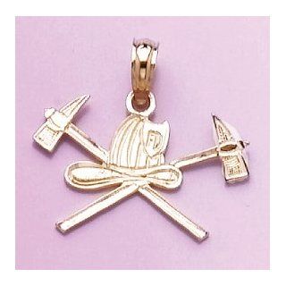 14k Gold Profession Necklace Charm Pendant, Fireman Firefighter Helmet & 2 Axes Jewelry